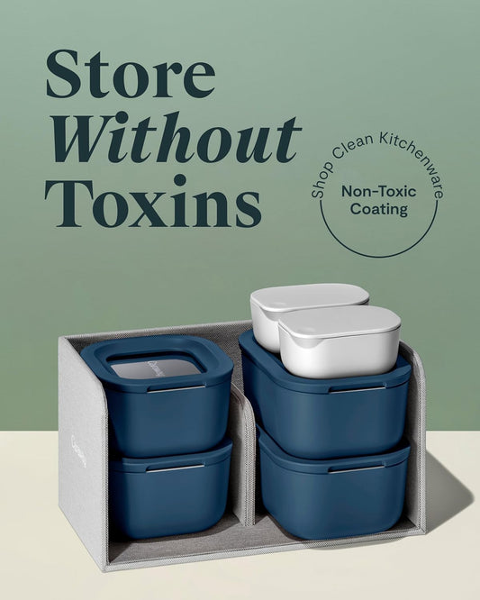 Caraway Mini Food Storage 11pc Set - Glass Storage Containers for Food - Non-Toxic Ceramic-Coated Glass - Air Release Technology - Compact & Stackable Design - Navy