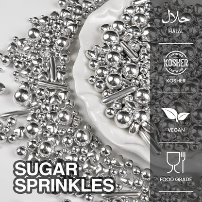 Silver Pearl Rods Heart Sprinkles, Baking Sugar, Silver Sprinkles for Cake, Mix Size, Cupcake Decoration, Holiday, Mother's Day, Wedding Party Supplies