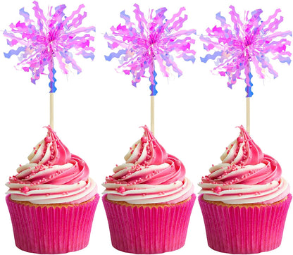 Gyufise 20Pcs Foil Firework Cupcake Toppers Happy Birthday Cake Toppers Sparkle Tinsel Flower Drink Stirrers Cocktail Food Fruit Toothpicks for Valentine's Day Party Supplies Rose Red