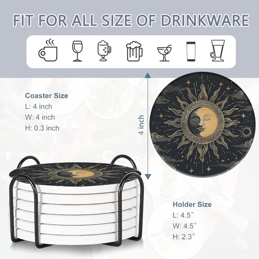 Drink Coasters Set of 6 with Holder, Gold Sun Moon Clouds Stars Absorbent Ceramic Coasters with Cork Base,Fit All Cups,Great Gift for Housewarming,Room Decor,Bar,Holiday Party
