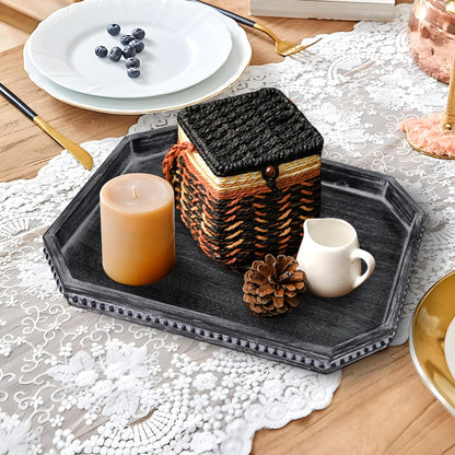 Decorative Coffee Table Serving Tray, Long Octagonal Black Wood Tray with Wooden Bead, Farmhouse Big for Ottoman Table, Countertop, Home Decor, 16.5"x13"x1.6" (Retro Black)