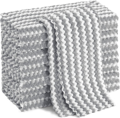Homaxy 12 Pack Kitchen Dish Cloths, Ultra Soft and Absorbent Dish Towels, Reusable Fast Drying Microfiber Cleaning Cloth, Coral Velvet Wave Design No-lint, 10 x 10 inches, Grey