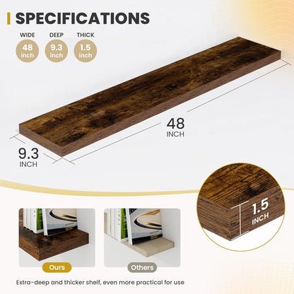 48 Inch Floating Shelves, 9.3" Deep Floating Shelf Wall Mounted, 48" Wall Shelves, Rustic Deep Bookshelf, Large Display Shelves & Storage Shelves for Bedroom, Living Room, Brown, Set of 1