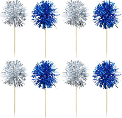 Gyufise 30Pcs Foil Firework Cupcake Toppers Sparkle Tinsel Cake Toppers Tinsel Drink Cake Decoration Cocktail Picks for Birthday Wedding Graduation Party Supplies Silver Dark Blue