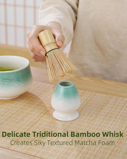 ZENS Matcha Whisk Set, Ceramic Matcha Set Includes Matcha Bowl, Matcha Whisk and Holder, Bamboo Scoop & Tea Towel - 5Pcs Matcha Kit for Matcha Ceremony, Blue