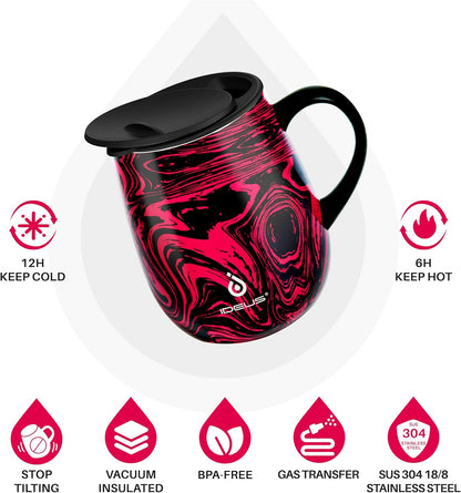 Ideus 16 oz (470 ml) Insulated Coffee Mug with Handle and Lid, Double Wall Stainless Steel Vacuum Thermal Coffee Mug, Travel Coffee Cup Thermal Cup for Home and Office (Red Zebra)