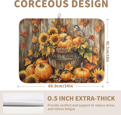 Fall Pumpkin Dish Drying Mat Autumn Maple Leaves Thanksgiving Large Kitchen Mats Dish Drying Pad Absorbent Dish Dryer Mat for Kitchen Countertops Microfiber Drainer Pad Dish Drying Mats (18x24 in)