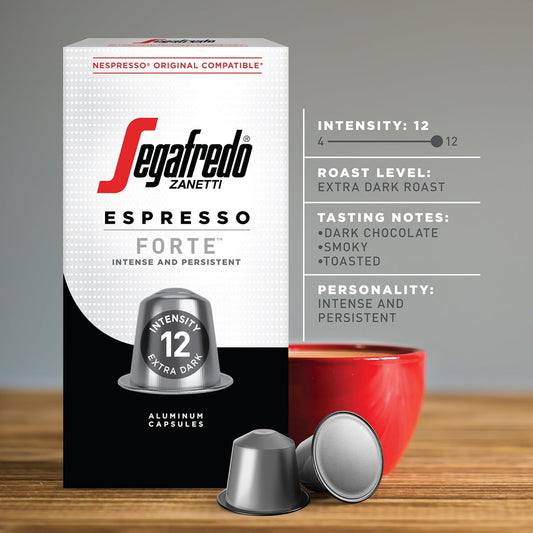 Segafredo Zanetti Espresso Capsules – Aluminum Pods for Nespresso Original Machines – Extra Dark Roast Premium Espresso with a Bold Aroma – Smoky, Intensity 12 – Forte, 10 Count (Pack of 4)