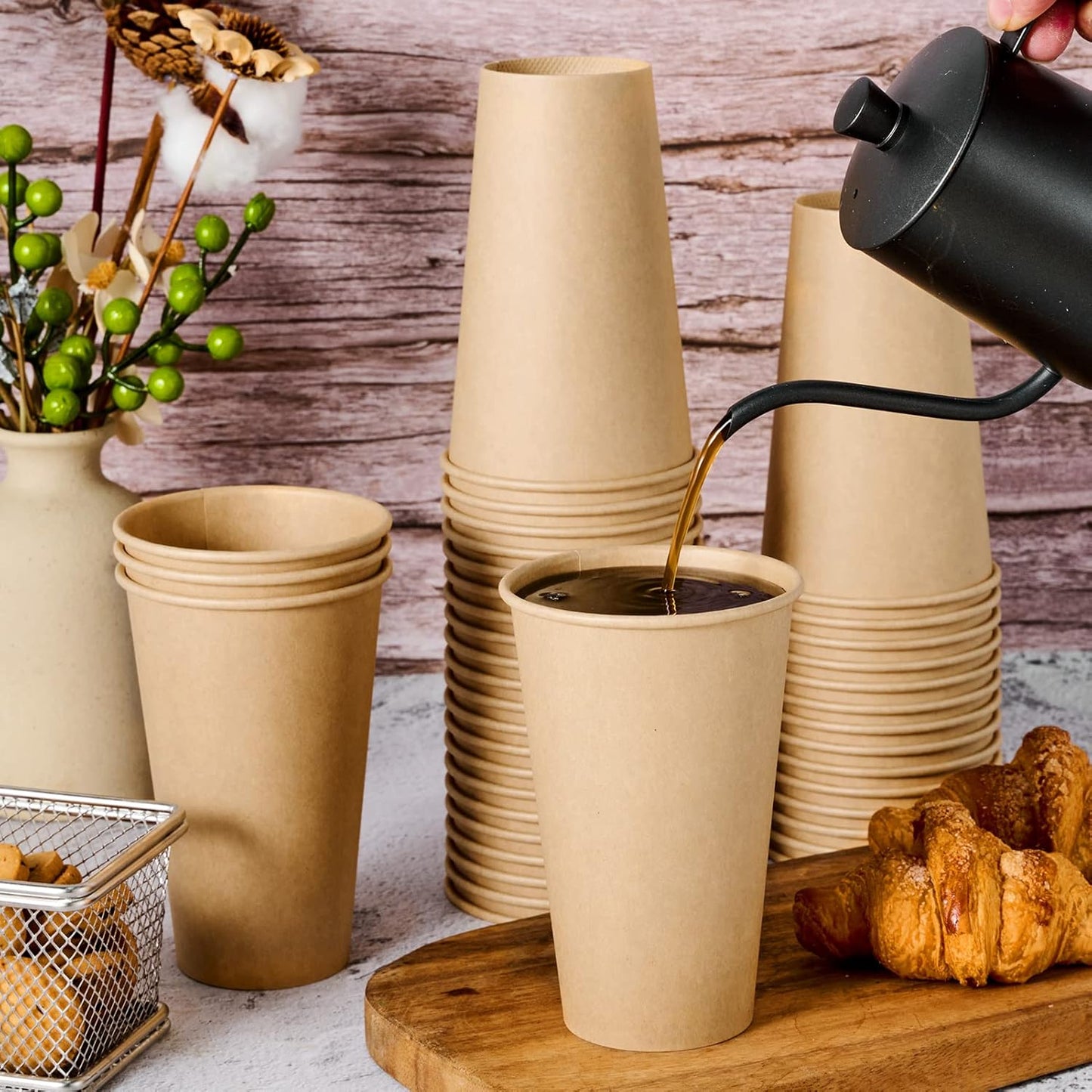 LITOPAK 100 Pack 16 oz Kraft Paper Coffee Cups for Water, Juice, and Tea, Disposable Hot Coffee Cups for Home, Restaurant, Store, and Cafe