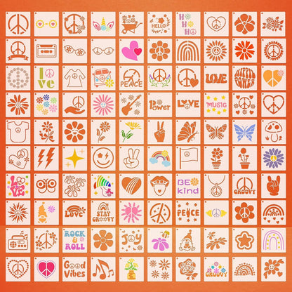 Fainne 100 Pcs Stencils for Painting on Wood Reusable Stencil Crafts Drawing Templates Holiday Wall Paper for DIY Scrapbook Home 2 x 2 Inch (Groovy Party)