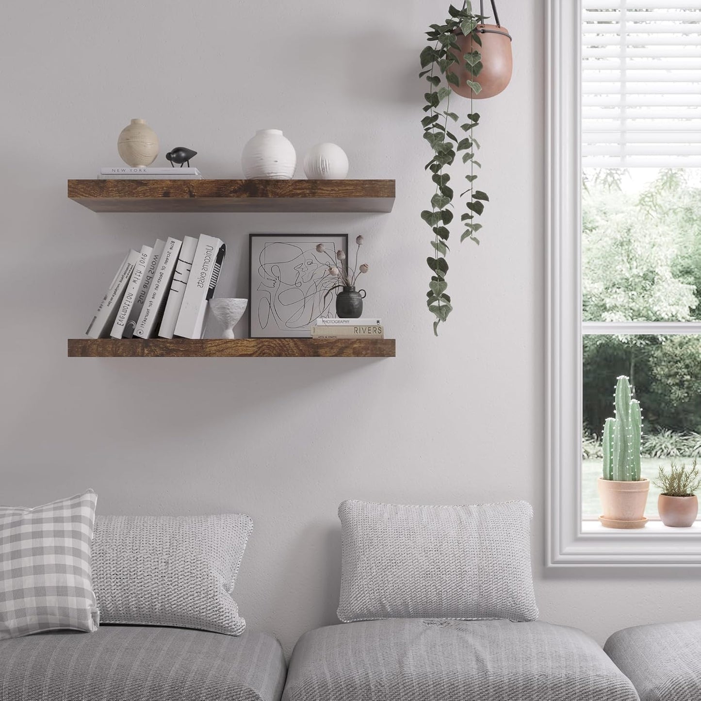 Floating Shelf, Set of 3 Wall Shelf, 36 in W x 12.75 in D x 2 in H Wooden Floating Wall Shelf with Invisible Brackets for Living Room/Bedroom/Bathroom/Kitchen Storage and Decor, Rustic Brown