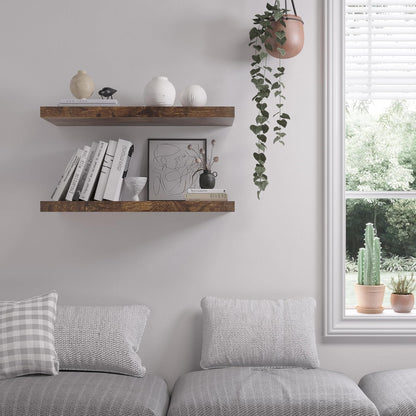 Floating Shelf, Set of 2 Wall Shelf, 24 in W x 12.75 in D x 2 in H Wooden Floating Wall Shelf with Invisible Brackets for Living Room/Bedroom/Bathroom/Kitchen Storage and Decor, Rustic Brown