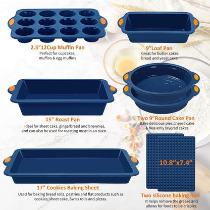 To encounter 8 in 1 Silicone Baking Set - 6 Cake Molds - 2 Silicone Baking Mat, Nonstick Cookie Sheet, Cake Muffin Bread Pan with Grips and Metal Reinforced Frame More Strength, Navy Blue