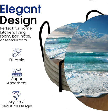 Ocean Coastal Theme Round Coasters Set of 6 - Abosrbent Ceramic Coasters with Metal Stand for Drinks, Beer, Coffee, Non-Slip Cork Back for Tabletop Protection, 4 Inches (Beach)