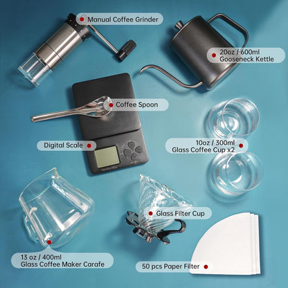 SuperCook Hand Drip Pour Over Coffee Set, All in One Includes Gooseneck Kettle, V60 Glass Dripper, Paper Filter, Cups, Manual Grinder, Scale, Ideal for Anniversary Birthday Gift