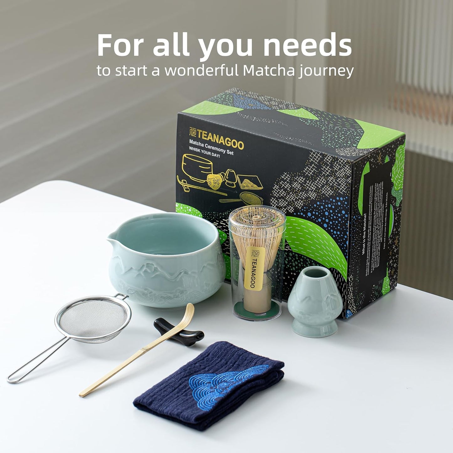 TEANAGOO 7 Pcs Matcha Whisk Set Blue, Ceramic Matcha Set, Matcha Kit for Ceremony, Matcha Tea Set for Making Breakfast/Latte, Tradition Whisk Set and Bowl with Scoop&Sifter, Gift for Friend/Family