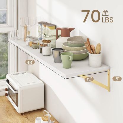 Floating Shelves for Wall, 12 Inch Deep Floating Shelves Set of 2, 48W x 12D Large Wall Shelf with Sturdy Metal Brackets for Living Room, Bathroom, Bedroom and Kitchen, White with Gold Bracket