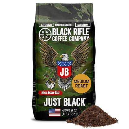 Black Rifle Coffee Company Ground Coffee Medium Roast - Roasted Blend Made from Pure Arabica Beans - Colombian & Brazilian Beans - Veteran Founded & American Made (Just Black, 18oz Bag)
