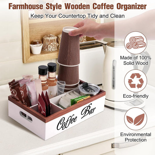 Wooden Coffee Organizer Holder with Divided Sections & Cutout Handle, Farmhouse Coffee Bar Organizer for Pods, Cups, Lids, Syrups, Stirrers & Accessories – Ideal Gift for Home or Office-White
