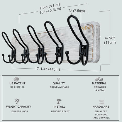 Dseap Coat Rack Wall Mounted - Heavy Duty Farmhouse Rustic Wall Coat Hanger with 5 Wire Hooks for Clothes Hat Jacket Towel, RusticWire, J1-5A, Whitewash & Black, Pack of 2