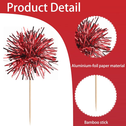 40 PCS Foil Firework Cupcake Toppers Sparkle Tinsel Cupcakae Picks Sparkler Fireworks Party Decorations Cocktail Fruit Toothpick for Birthday Wedding Graduation Party Decorations Supplies Red