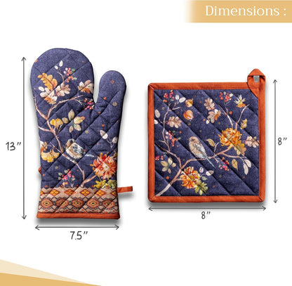 Maison d' Hermine 100% Cotton Oven Mitt & Pot Holder Set (7.5"x13" & 8"x8") Heat Resistant BBQ Cooking Gloves with Loop, Baking, Grilling, Kitchen, Handling Hot Pans (Kelim - Infinity)