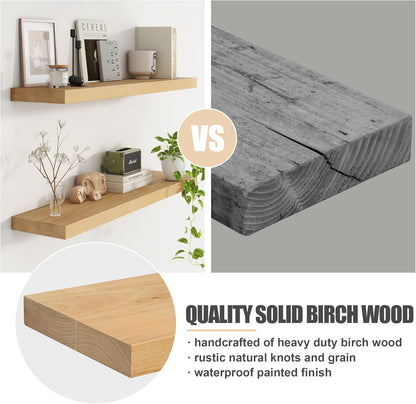 Floating Shelves for Wall, USA-Sourced Brich Wood 36 Inch Long Wall Shelves Set of 2, Natural Wooden Mounted Picture Ledge Shelf, Nursery Book Storage Shelf Kids Bookshelf, Display Shelf