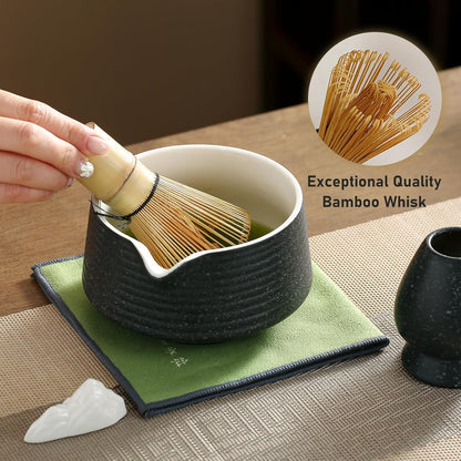 Matcha Whisk Set, Ceramic Matcha Set with Spout, Matcha Bowl Kit with Sifter, Whisk and Holder, Bamboo Scoop, Scoop Rest, Tea Towel, 7 Pcs Matcha Kit Set for Making Breakfast/Latte for Matcha Lovers