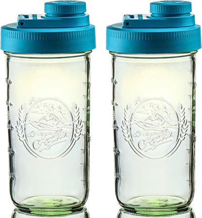 Brewing America Mason Jar Drinking Cup Pint and Half Drinking Lid and Azure 24oz Jar (2, Teal)