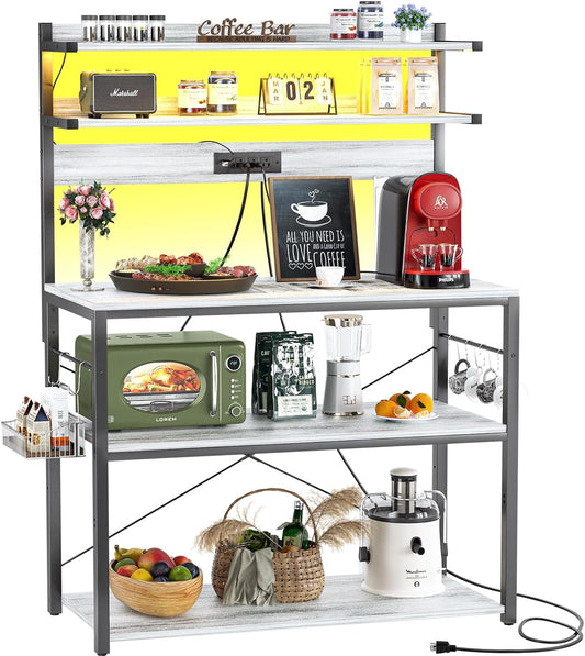 Aheaplus Bakers Rack with Power Outlet, Microwave Stand, 5 Tiers Coffee Bar Station with Led Lights, Kitchen Storage Shelf with 6 S-Shaped Hooks, Kitchen Rack Coffee Bar Stand, White Oak