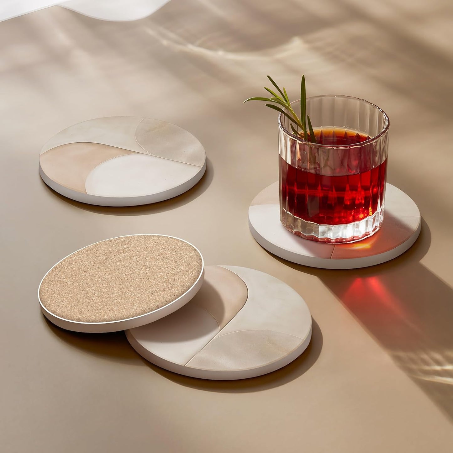 VEYRO Coasters Set of 4 for Drinks – Absorbent Ceramic Stone Drink Coasters with Cork Backing for Coffee Table & Desk, Modern Marble Look Cup Coaster Set, Housewarming Gift for New Home