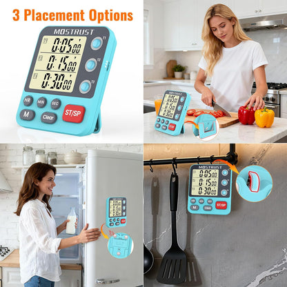 Digital Dual Kitchen Timer, 3 Channels Countdown Triple Timer for Cooking, Magnetic Memory-Preset Large-Display Adjustable Alarm Volume, Multi Times Management, 3A Battery Included, Blue