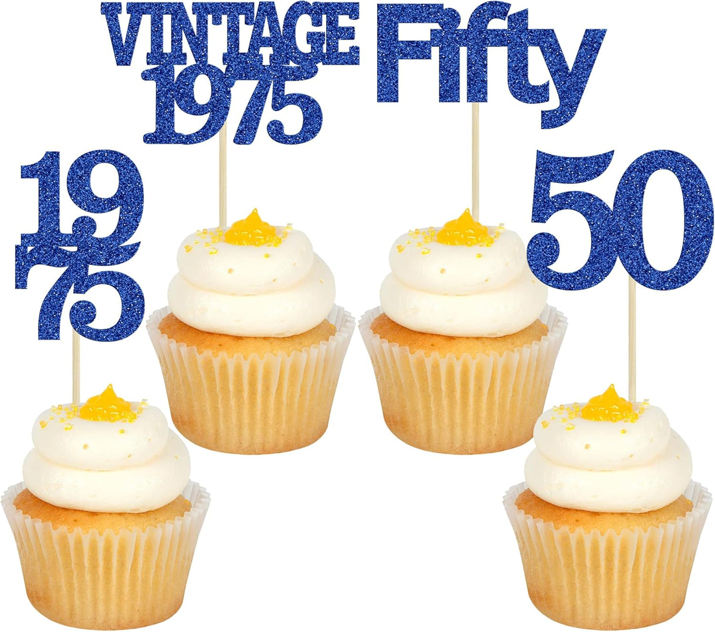 Gyufise 24Pcs Vintage 1950 Cupcake Toppers Glitter Cheers to 75 Fabulous Seventy Five Cupcake Picks 75th Birthday Wedding Anniversary Party Cake Decorations Supplies Deep Blue