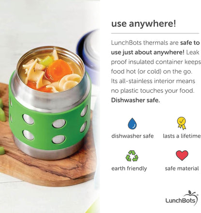 LunchBots Thermal 8 oz Triple Insulated Thermos - Hot 6 Hours or Cold 12 Hours - Leak Proof Thermos Soup Jar - All Stainless Interior - Navy Lid - Green Dots