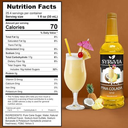 Syruvia Pina Colada Syrup - Premium Flavoring Syrup for Tea, Italian Sodas, Beverages, Desserts, Ice Cream, Cocktails & Mocktails - Kosher, Gluten Free - 25.4 fl oz.