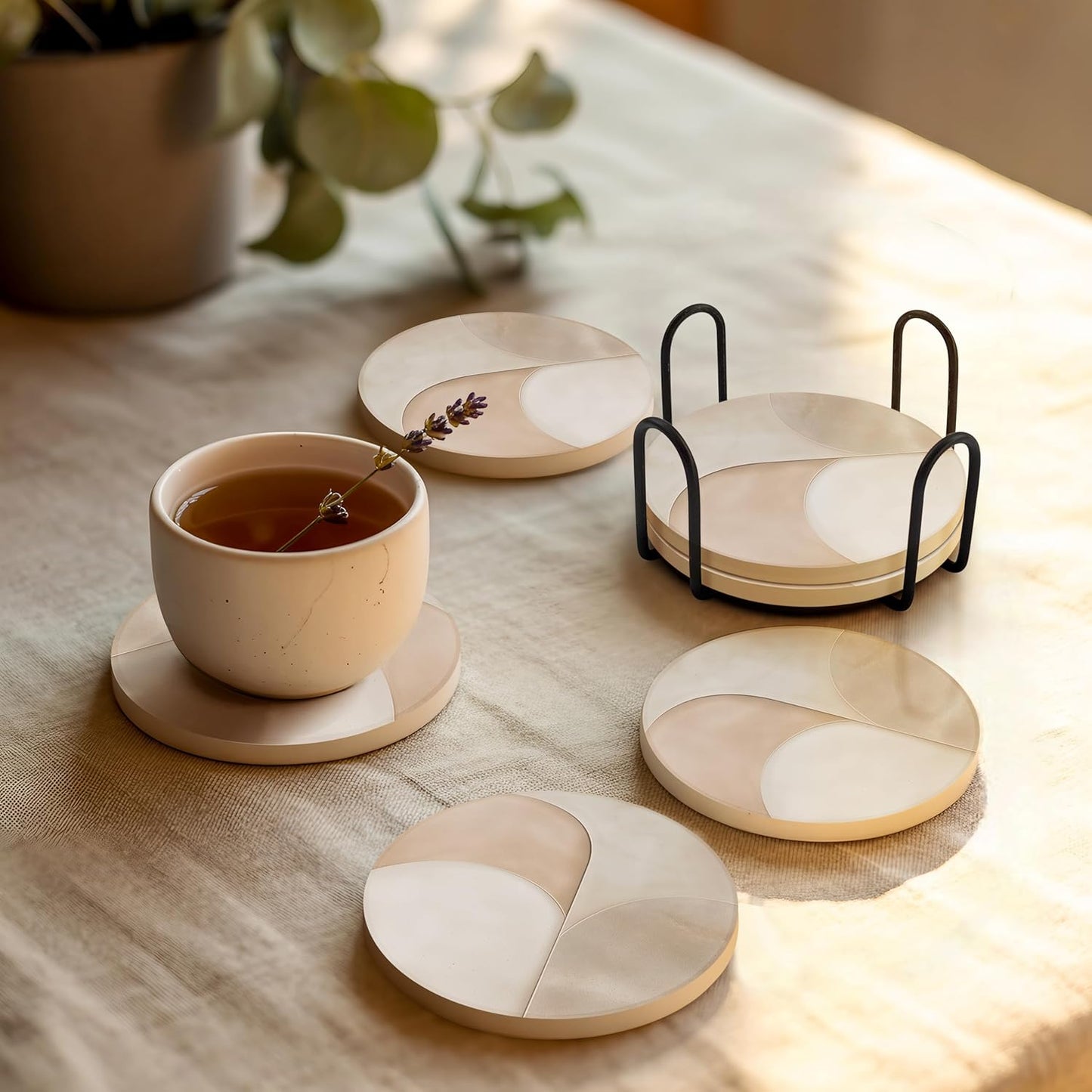 VEYRO Coasters Set of 4 for Drinks – Absorbent Ceramic Stone Drink Coasters with Cork Backing for Coffee Table & Desk, Modern Marble Look Cup Coaster Set, Housewarming Gift for New Home