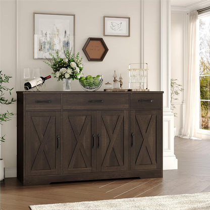 HOSTACK Buffet Cabinet with Drawers, 55" Large Sideboard Buffet Storage Cabinet with Shelves and Doors, Modern Farmhouse Coffee Bar Station Wood Kitchen Table for Kitchen, Dining Room, Dark Brown
