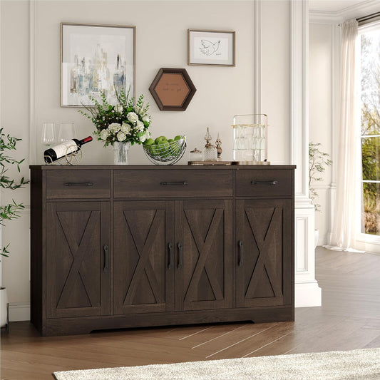 HOSTACK Buffet Cabinet with Drawers, 55" Large Sideboard Buffet Storage Cabinet with Shelves and Doors, Modern Farmhouse Coffee Bar Station Wood Kitchen Table for Kitchen, Dining Room, Dark Brown