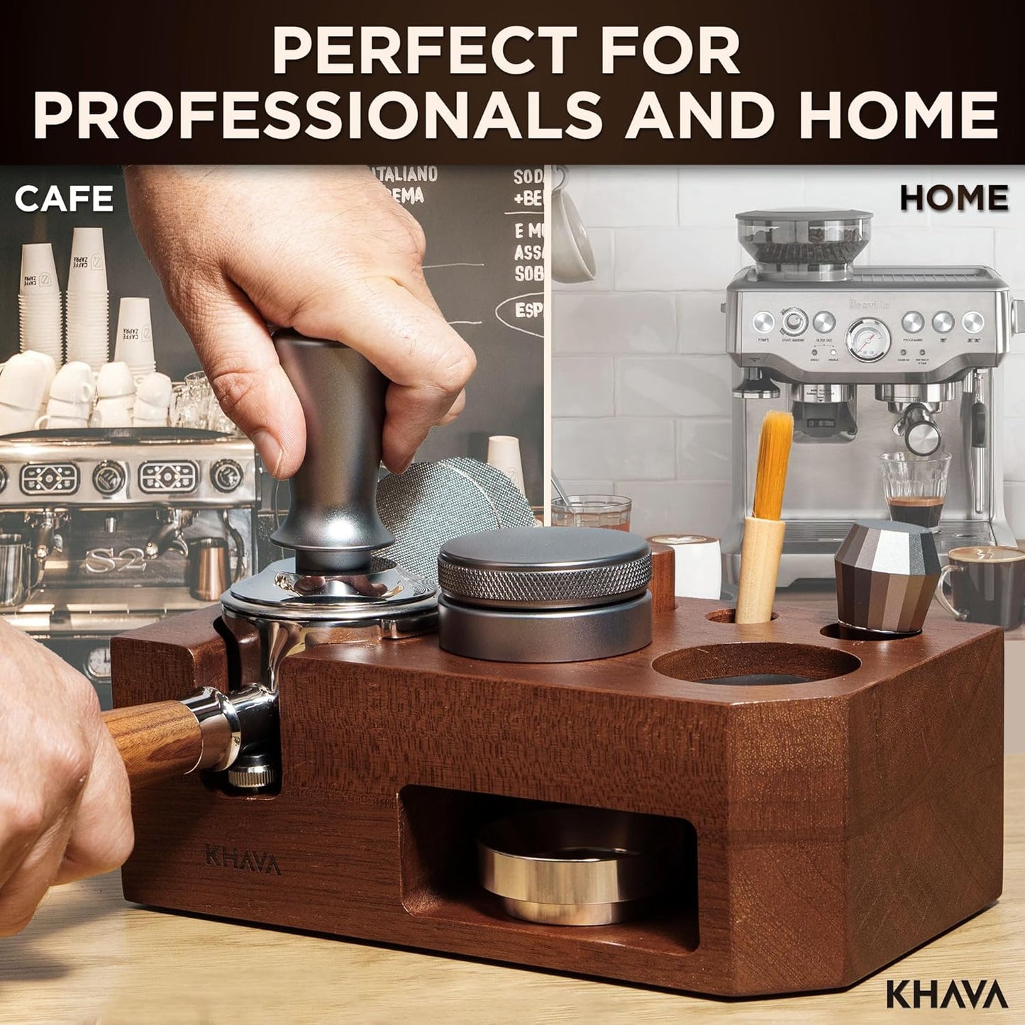 KHAVA Espresso Tamping Station | Wooden Coffee Tamper Station 51-54 mm | Espresso Organizer & Portafilter Holder | Coffee Station Organizer for Countertop | Espresso Accessories for Coffee Bar, Brown