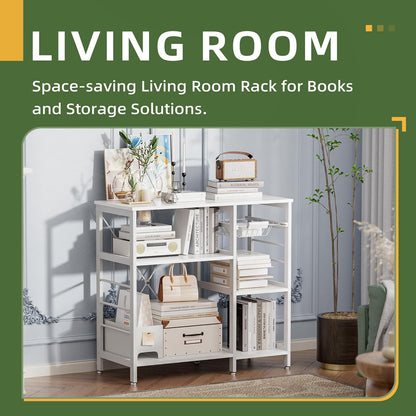Baker’s Rack, Microwave Oven Stand with Bamboo Frame, 35.43" Coffee Bar with Wire Basket & 6 Hooks, 3-Tier Kitchen Storage Shelf Stand for Kitchen, Living Room, Office, White