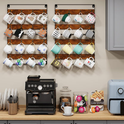 Mug Racks for Wall, Coffee Mug Holder Wall Mount Up to Hold 24 Mugs, Coffee Mug Rack Wall Mounted（3Pack） for Kitchen, Home, Coffee Bar, Rustic Wood and Iron