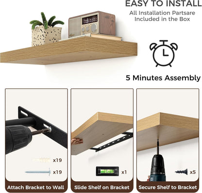 Floating Shelves - 2 Large Wall Mounted Shelves with Invisible Brackets, Long Wood Floating Wall Shelf for Living Room, Bedroom, Kitchen (Oak, 36" W x 9" D x 1.5" H)