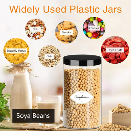 Plastic Jars with Lids, 16 Pcs 32 OZ Large Plastic Storage Jars with Black Leakproof Lids Cylinder Plastic Storage Container Jar Reusable Clear Empty Jars for Home and Kitchen Organizing