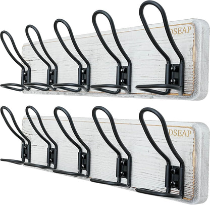 Dseap Coat Rack Wall Mounted - Heavy Duty Farmhouse Rustic Wall Coat Hanger With 5 Wire Hooks for Clothes Hat Jacket Towel, RusticWire, G25A, Whitewash & Black, Pack of 2