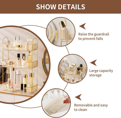 YCIA&DONE Bathroom Organizer Countertop, Makeup Storage, Skincare Cosmetic Tray Shelf, Perfume Holder Rack for Vanity Counter, Large Capacity, Easy to Install, Clean, 3 Tiers, Amber Gold
