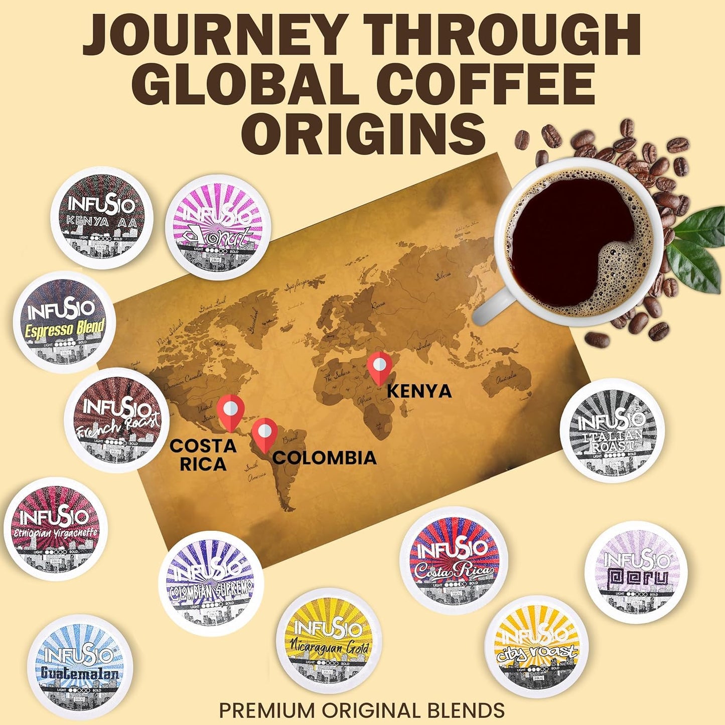 InfuSio Coffee Pods 96 Count Ethiopian Yirgacheffe Gold Medium Light Roast Single serve Coffee pods for Keurig K Cup® Brewers - InfuSio Premium Roasted Keurig 2.0 Compatible