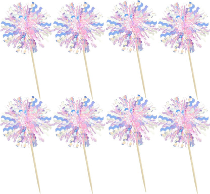Ephlyn 30Pcs Foil Firework Cupcake Toppers Firework Cake Toppers Tinsel Flower Drink Stirrers Cocktail Food Fruit Toothpicks for Valentine's Day Party Decorations Pink