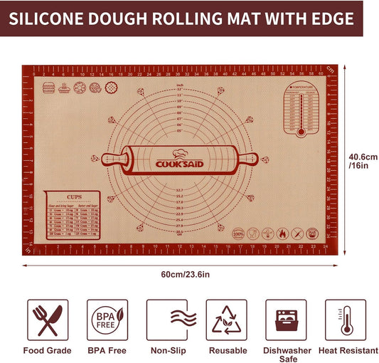 Cook's Aid Silicone Pastry Mat Extra Large with Measurements 26''x16'' for Reusable,Non-slip Silicone Baking Mat, Counter, Dough Rolling, Oven Liner,Fondant/Pie Crust, Red