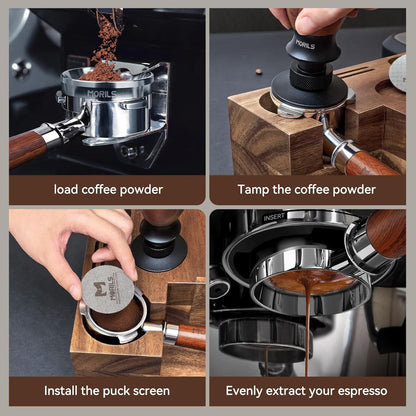 Bottomless Portafilter 58mm with Double Shot Filter Basket & Premium Walnutwood Handle, Portafilter with Puck Screen Compatible with All Breville 58mm Machines, Espresso Accessories, Silver