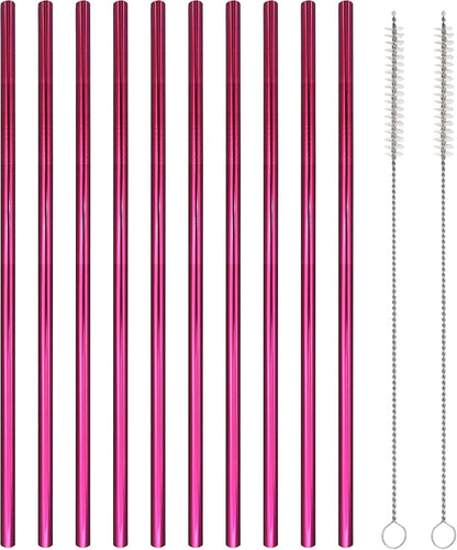 10 Pcs Stainless Steel Straws, Reusable Drinking Straws, Straight Metal Straw Sets with 2 Pcs Cleaning Brushes (10.5 Inch, Rose Red)
